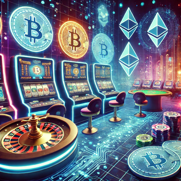 Illustration of a futuristic casino featuring slot machines, roulette tables, and gambling chips illuminated by Bitcoin and Ethereum cryptocurrency symbols, representing crypto gambling security.