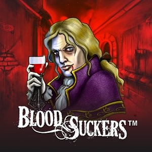 Blood Suckers game logo featuring a vampire with pale skin, long blonde hair, and a purple cloak holding a glass of red liquid, set against a dark red, eerie alleyway background.