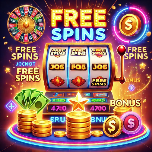 Illustration of a colorful slot machine displaying 'Free Spins', surrounded by coins, bonus symbols, cash, and a roulette wheel, symbolizing slot game rewards.