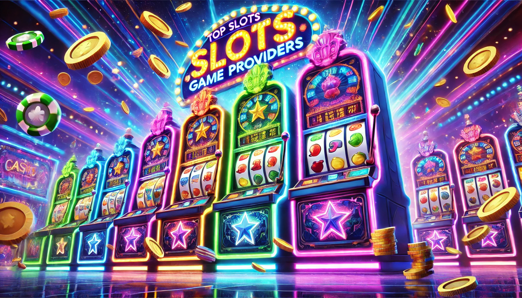 Futuristic online casino scene with neon-lit slot machines, flying chips, and glowing coins. Bold sign reads 'Top Slots Game Providers,' emphasizing slot machines and dynamic casino environment.