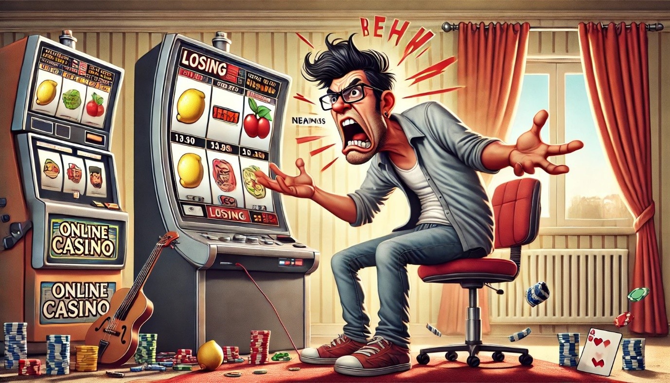 An image of a frustrated player in a home setting, angrily reacting to a losing slot machine, surrounded by scattered poker chips, cards, and an online casino theme, highlighting the highs and lows of gambling.