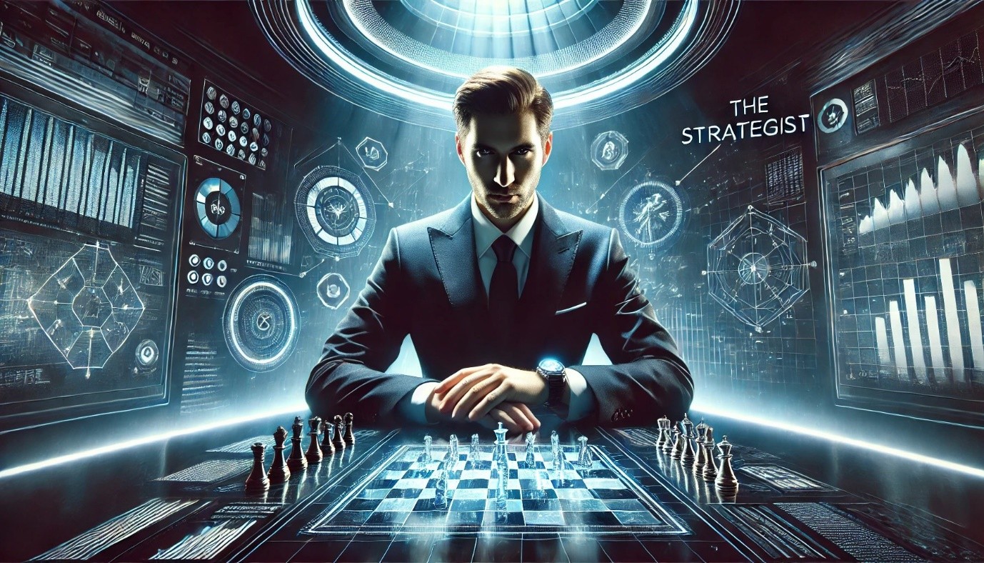 A serious-looking man sitting with his hands crossed on the table with digital statistics and charts behind him.