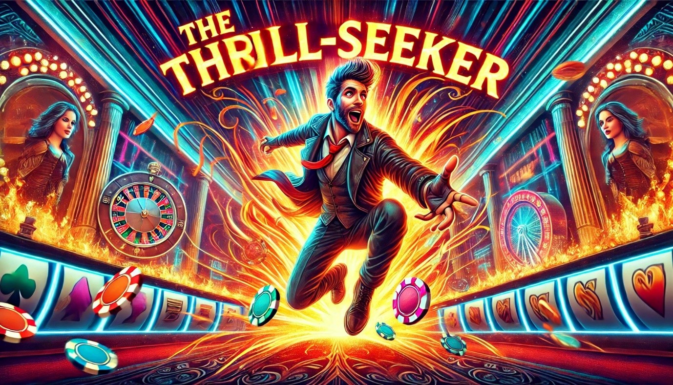 An electrifying image of a thrill-seeker in a vibrant casino setting, surrounded by spinning roulette wheels, glowing slot machines, flying poker chips, and blazing flames, capturing the excitement and energy of high-stakes gambling.